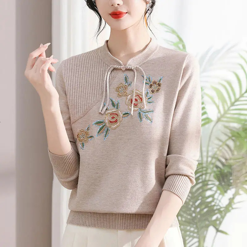 Women Clothing Y2k Chic Vintage Embroidery Pullovers Temperament Elegant Chinese Style Sweaters Autumn Loose Knit Tops 241225