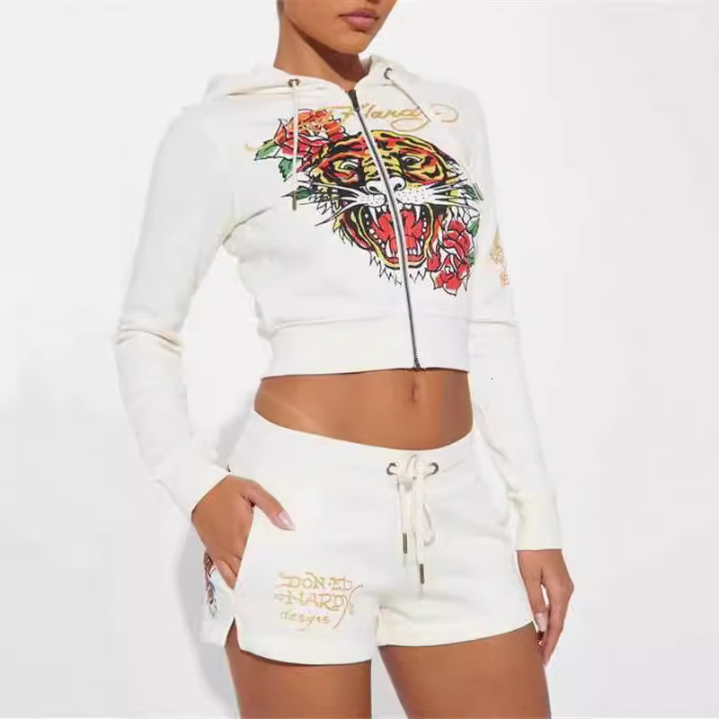 Funny Printed Women 2 Piece Long Sleeve Zipper Hooded Sweatshirts Biker Shorts Matching Set Fall Winter Fiess Outfits