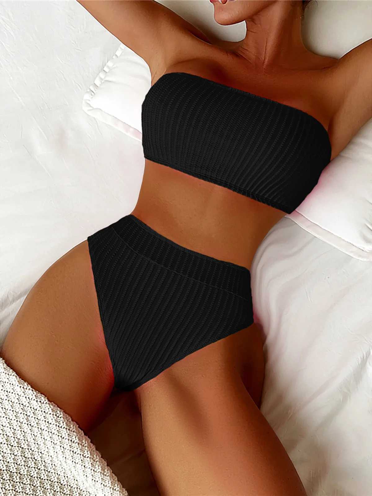 S-XL Bandeau pleated womens swimsuit high waisted bikini womens swimsuit two-piece bikini swimsuit bathroom swimsuit K5904W241225