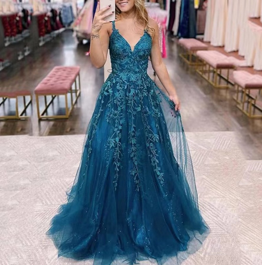 Dark Sexy Blue Prom Dress For Black Girls Sparkly Straps V Neck Lace Appliques Sequins Birthday Party Dresses Evening Formal Gowns Robe De Soiree es m