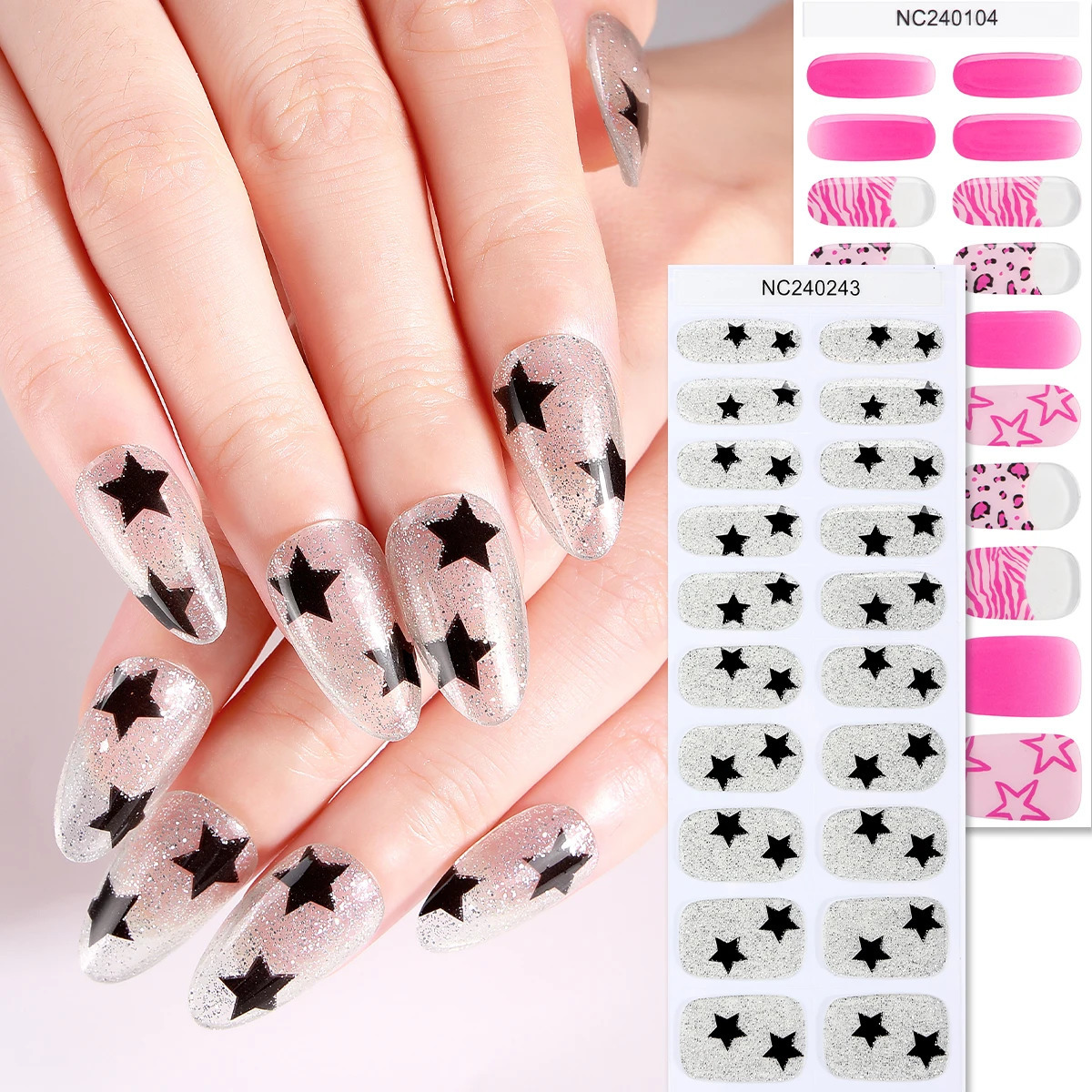 2pcs Sliver Pink Semi Cured Nail Gel Strips Y2K Star ns Adhesive Nail Stickers Press on Nails for Women Girls Decorations 241225