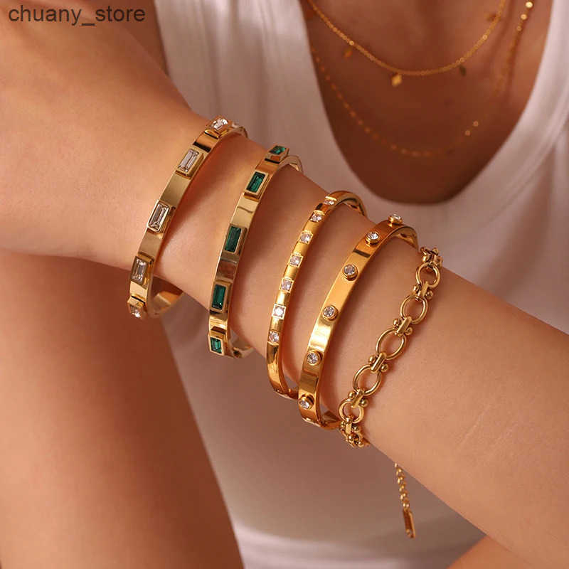 Chain Ins Style Stainless Steel Jewelry Inlaid Cubic Zircon Bangles for Women Waterproof Trendy Christmas Gift L240910