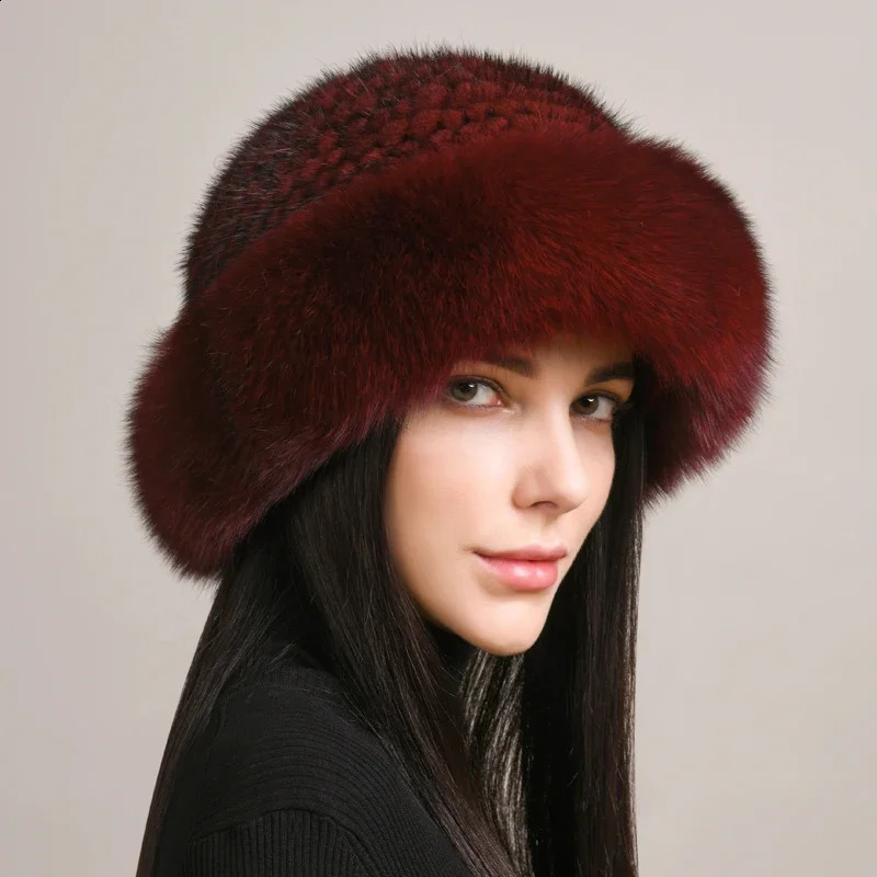 Genuine Real Natural Knitted Mink Fur Hat Cap Women Handmade Knit Fashion Winter Headwear Warm Real Fox Fur Beanies241224