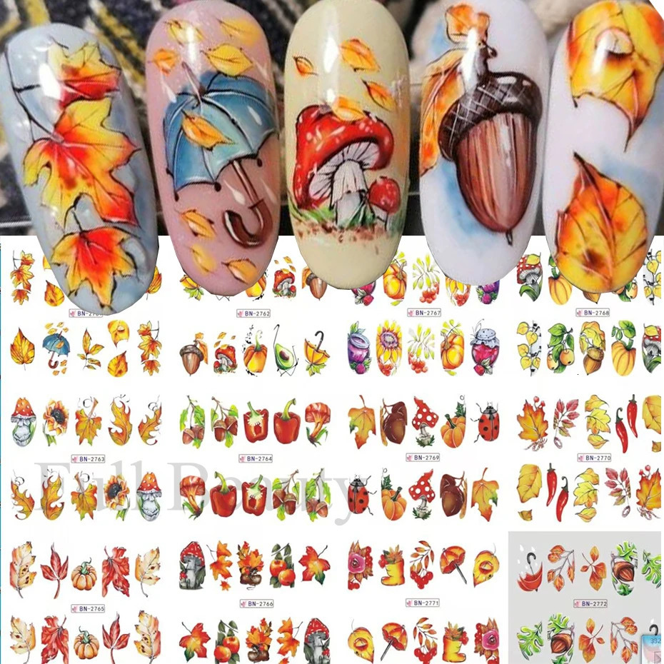 12pcs Fall Leaves Nail Art Stickers Maple leaf Animal Cartoon Water Slider Abstract Nail Decals Autumn Flowers Decor Manicure 241225