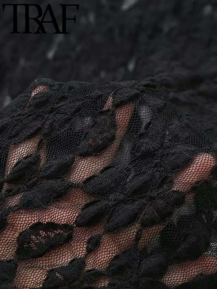 TRAF Sexy Sheer Lace Women Bodysuit Spring Mock Neck Slim Long Sleeve Top Female Playsuit Y2K Jumpsuits Black 241225