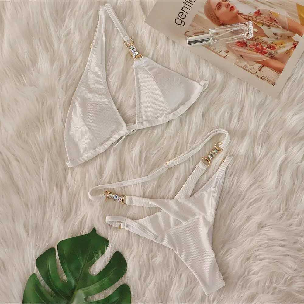 2024 New Womens Summer Sexy Pink Stripe Bikini Set Crystal Diamond Single Shoulder Swimsuit Beach Luxury SwimsuitW241225