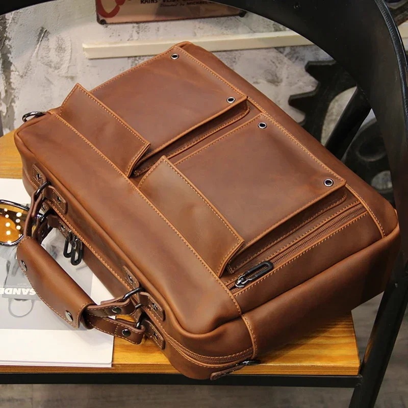Brown Men Vintage Handbag Business Documents Briefcase Portfolio Laptop Bag Shoulder Messenger Bag Office Handbag 241225