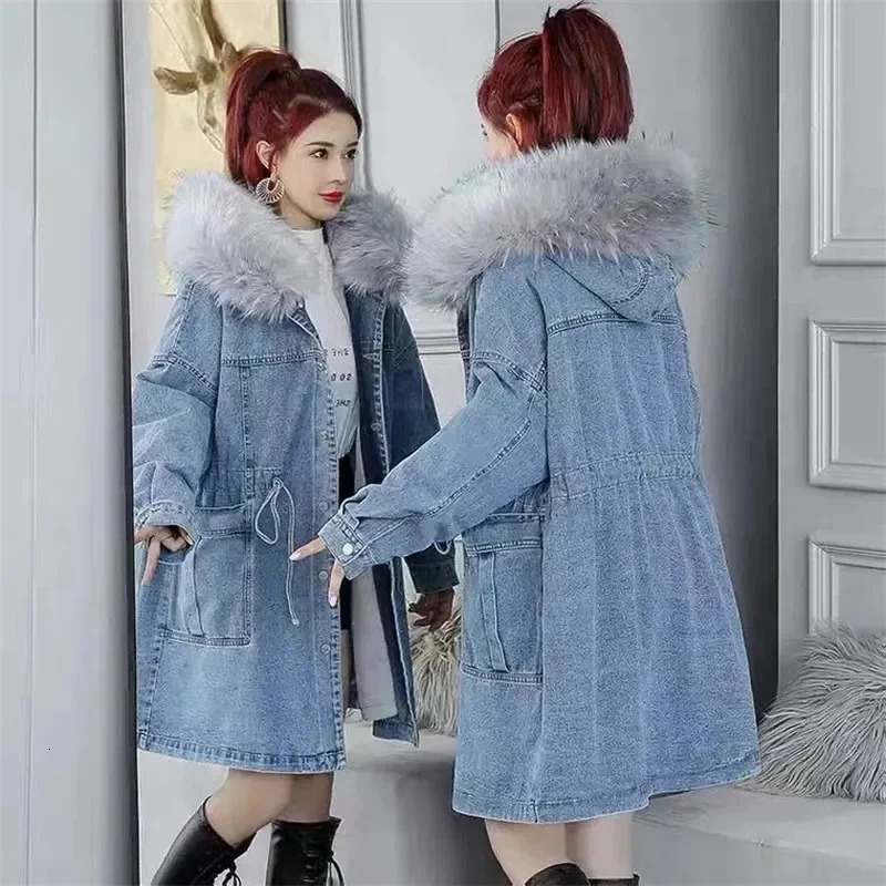 Womens Jeans Coat Winter Denim Coats Thick Wool Denim Jacket Korea Loose Hooded Fur Collar Long Clothes Outerwear Female 241220