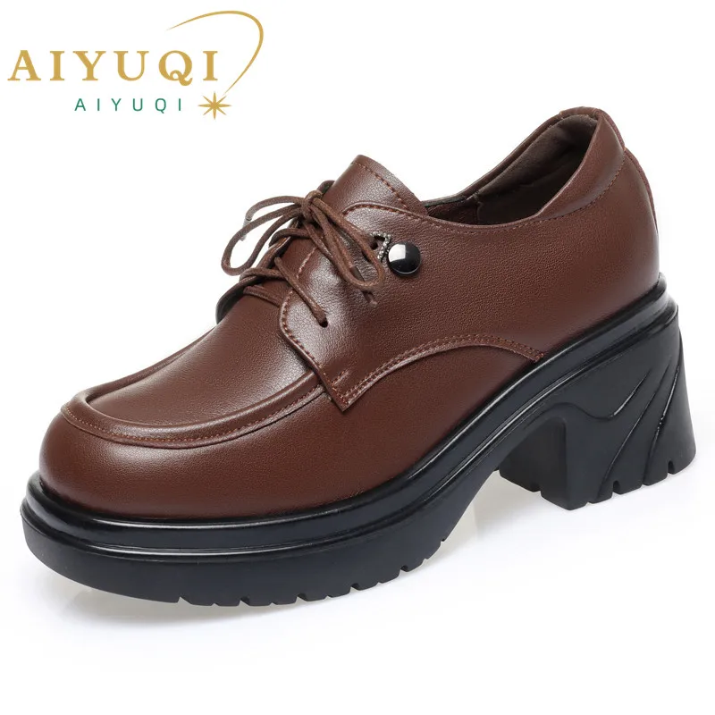 AIYUQI Women Loafers High-heel Fashion Genuine Leather Platform Women British Style Shoes Large Size Spring Shoes Women
