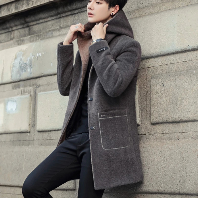 Winter Long Wool Blends Jacket Men Hooded Casual Business Trench Coat Social Streetwear Woolen Windbreaker Clothing 241225