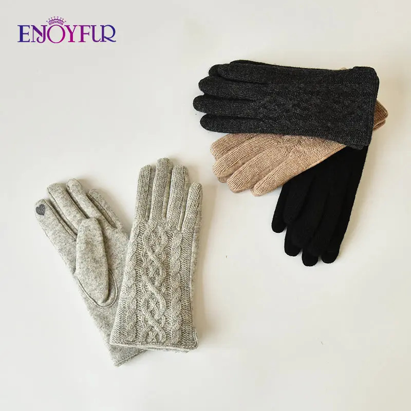 ENJOYFUR Women Winter Touch Screen Gloves Fashion Sexy Plaid Wool Knit Mittens Thick Warm Windproof Sports Female Autumn Gloves 241225