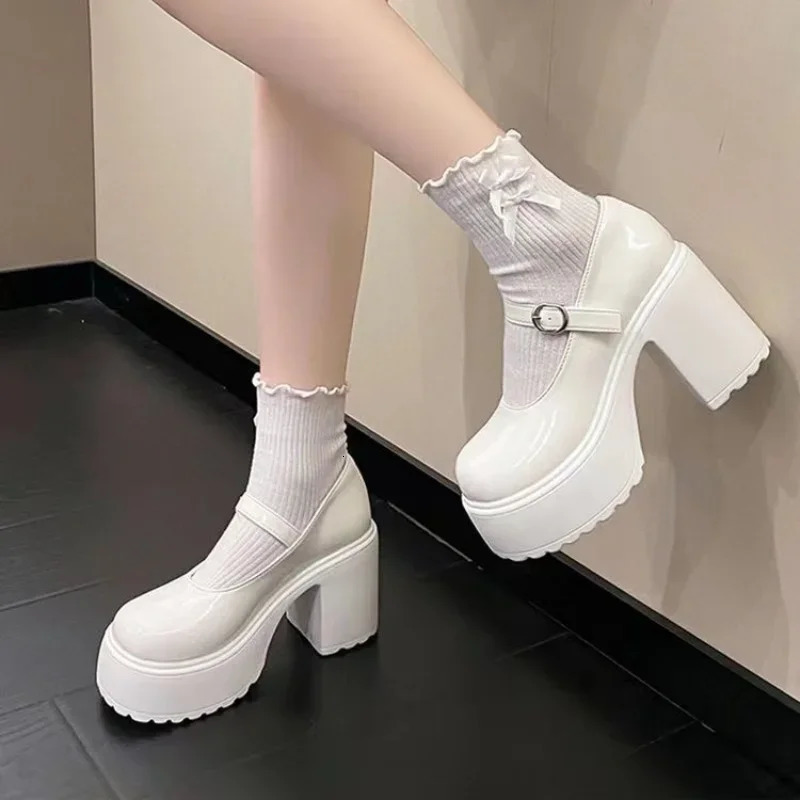 Fashion Coarse Heel One Piece Buckle Leather Shoes Thick Bottom Retro Mary Jane High Heels 241225