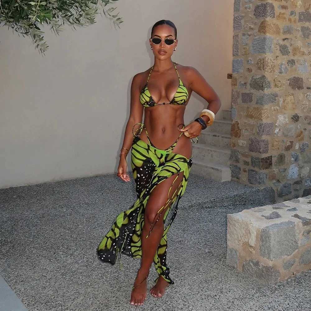 Sexy 3-piece bikini 2025 womens swimsuit printed swimsuit Brazilian bikini set Biquini womens swimsuit beachwearW241225