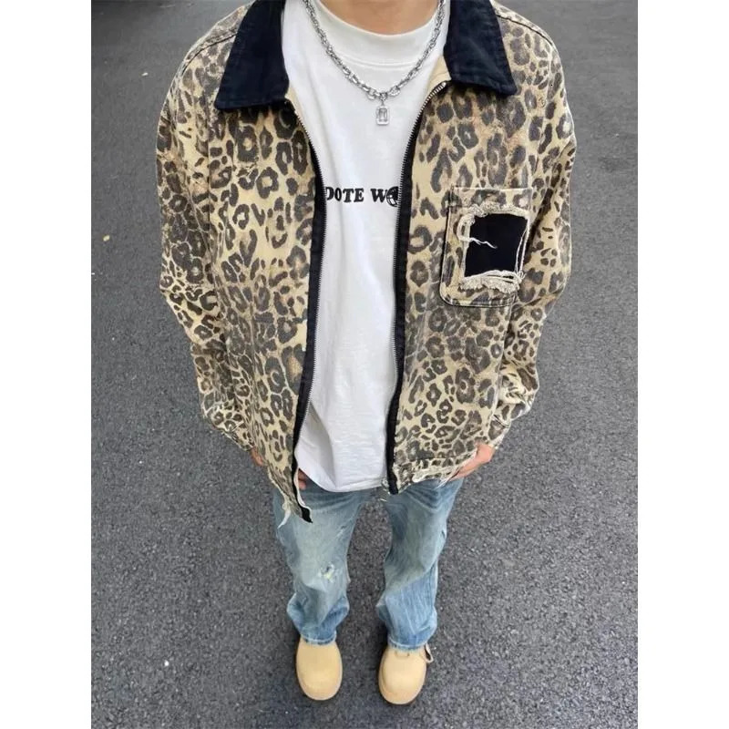 American leopard print handsome high street hip-hop zipper denim jackets women Y2K autumn winter trendy aesthetic couple jackets 241223