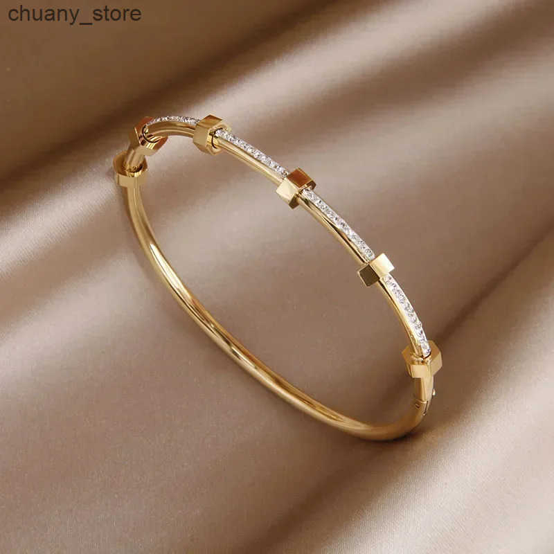 Chain Classic Stainless Steel Open Bangles s for Women Fashion Brand Jewelry Delicate Full Crystal Bangles L240910