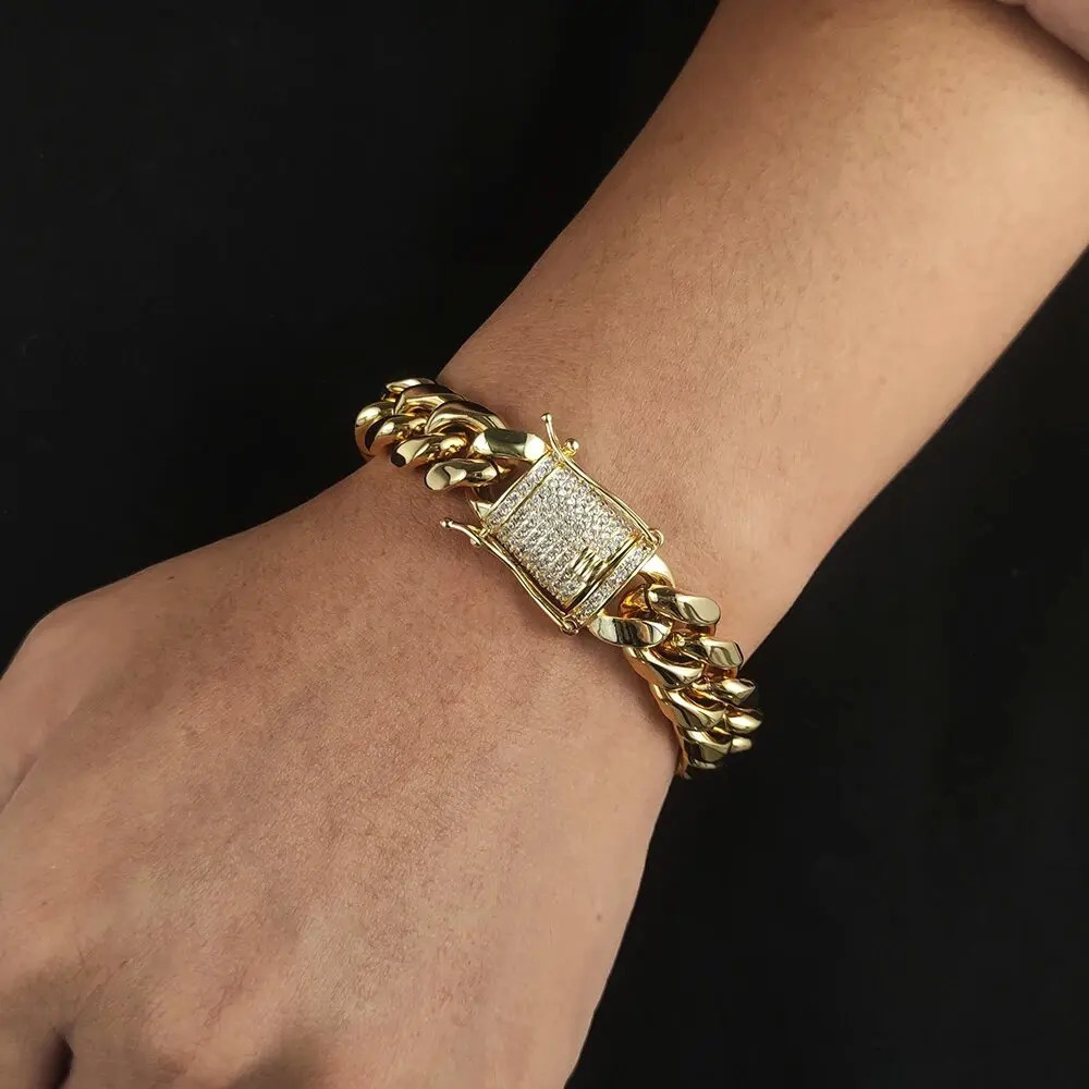 Heavy Stainless Steel Miami Cuban Link Bracelet 6mm-16mm Gold Plated with CZ Clasp Premium Hip Hop Jewelry For Men Women 241225