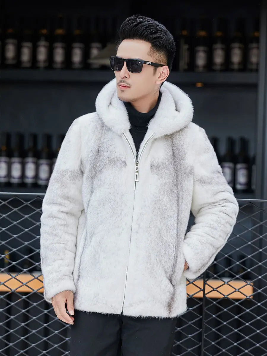 Mink coat mens trend whole mink real fur cross hooded onepiece 241225