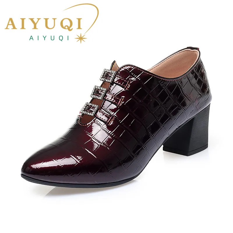 AIYUQ Women's Shoes Genuine Leather Autumn Square Toe Fashion Mid-heel Shiny Women's Shoes Fashion Single Shoes Women