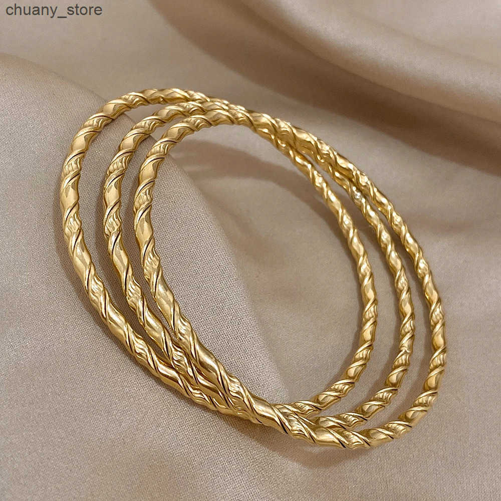 Chain 3pcs Gold Color Twist Stainless Steel Bangle Chic Classic Tibetan Buddha Golden Stacked Bangles For Women L240910