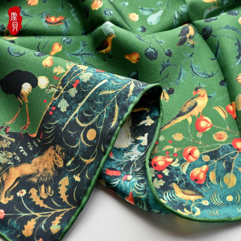 Army green natural silk scarf women printed bird faux real silk twill scarves wrap shawl square 65cm bandana lady bufanda 241225