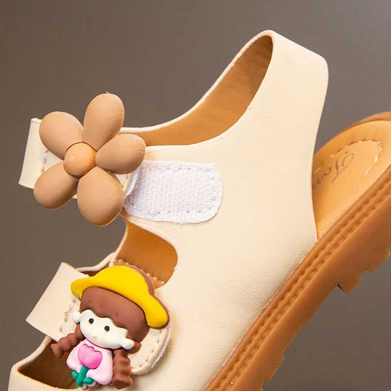 Athletic Outdoor Girls Sandals Summer New Beige Flower Little Girl Shoes Rose Red Soft Bottom Anti-slip Kids Baby Half Sandals Girls Shoes H241223