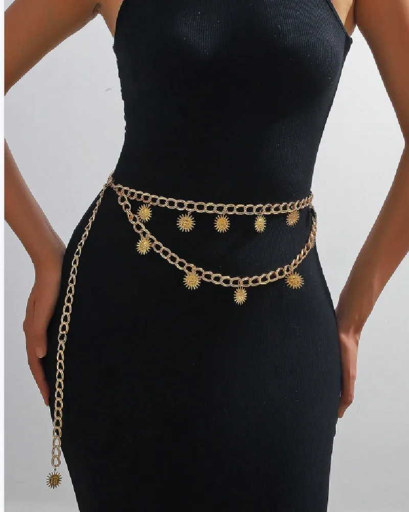 Retro Womens Belt Fiery Sun Metal Chain Waist Chain Versatile Ethnic Style Summer Fashion Body Chain Charm Jewelry 241225