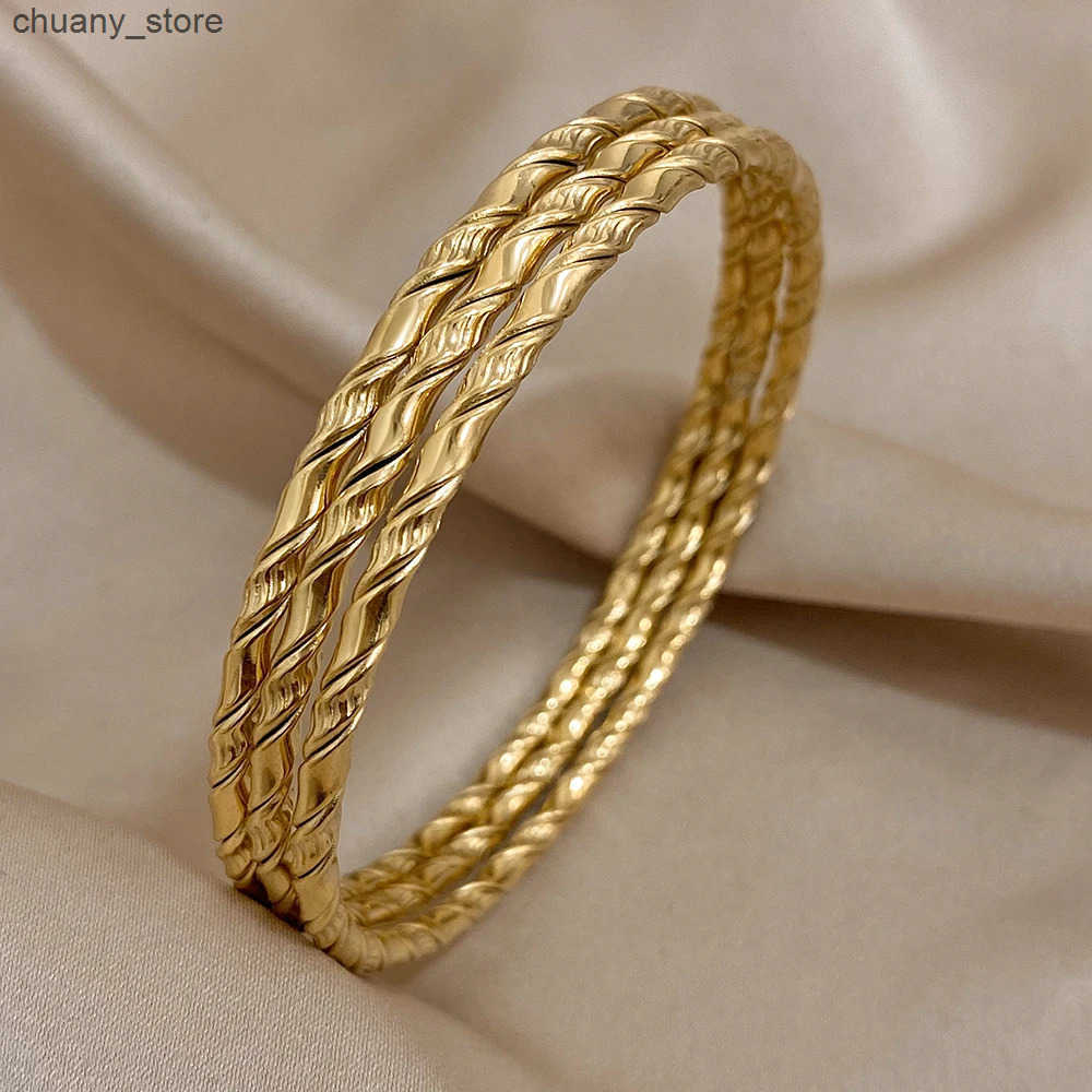 Chain 3pcs Gold Color Twist Stainless Steel Bangle Chic Classic Tibetan Buddha Golden Stacked Bangles For Women L240910