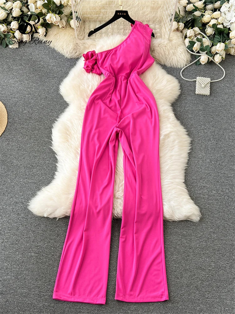 SINGREINY Off the Shoulder Sexy Jumpsuits 3D Floral Zipper Slim Rompers Fashion Solid Wide Legs Long Playsuits 241224