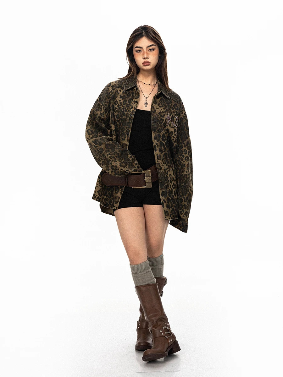 Denim Jackets Women Vintage Fashion Casual Tops European Style Street Leopard Print Single Breasted Y2k Daily Coats Personality 241223