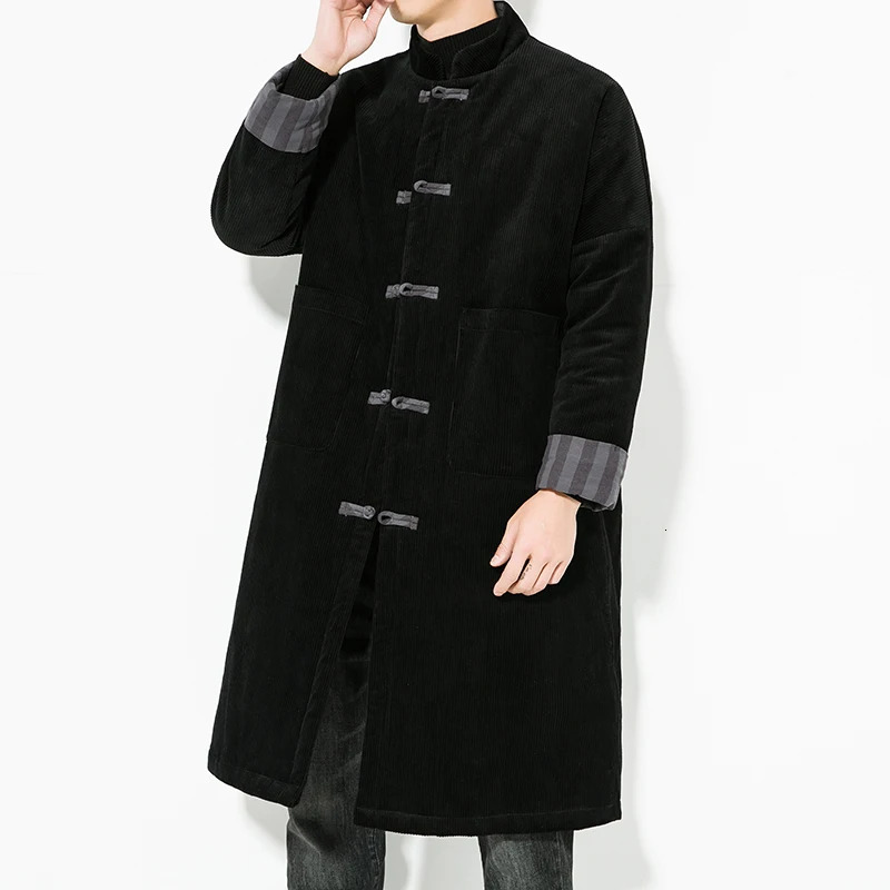 2023 Autumn Winter Men Retro Kung Fu Long Parkas Mens Corduroy Cotton Padded Jacket Windbreaker Male Warm Vintage Trench Coat 241225