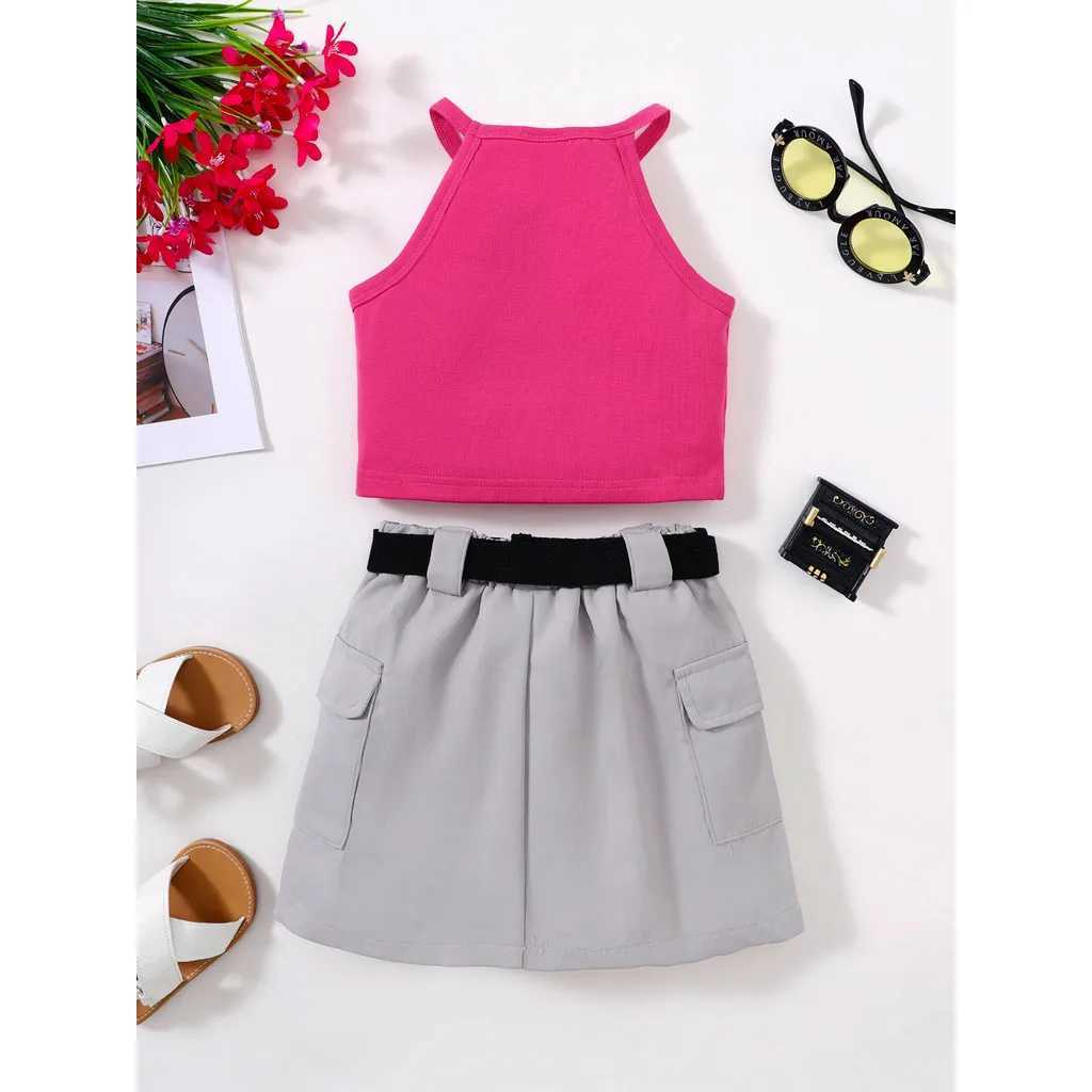 Clothing Sets 2PCS Summer Kids Clothes Girl Hanging Neck Collar Letter Pattern Top+Short Skirt Fashion Korean Style Costume for Girl 4-7 YearsY241225F