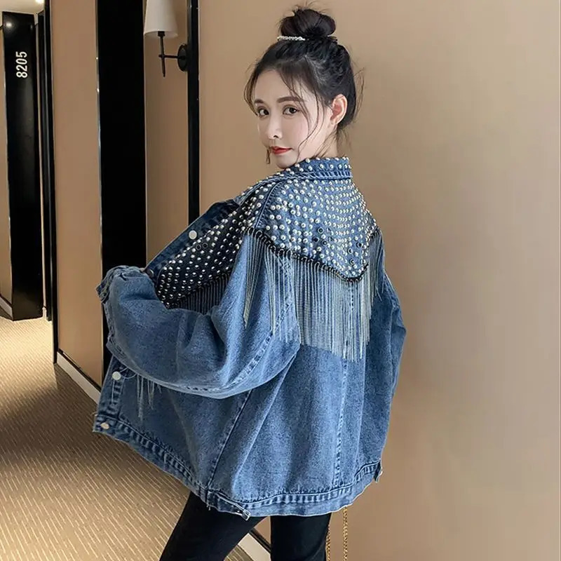 Women Denim Jacket Spring Autumn Beading Tassel Streetwear Casual Denim Jacket High Street Korean Fringe Loose Coat 3XL 241223