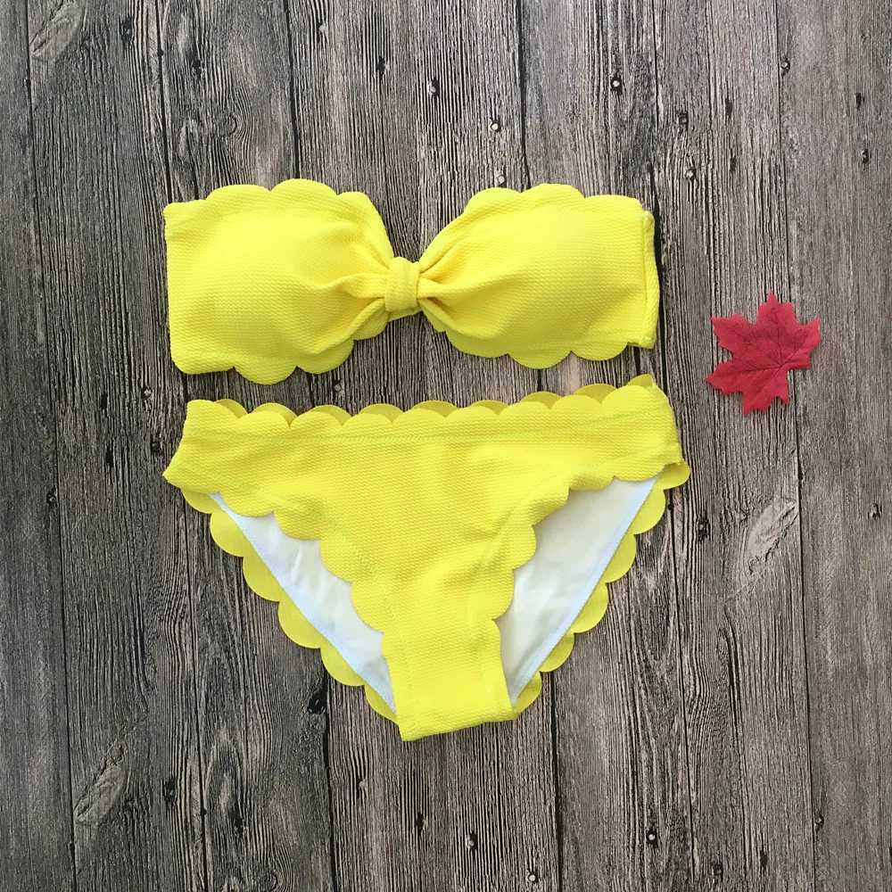 Push Up Bikini 202 Scalloped Trim Swimsuit Womens Swimsuit Black Yellow Red Bandeau Swimsuit Solid Biquini Beach WearW241225