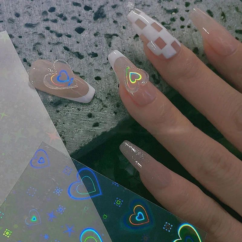 Heallor 3D Laser Nail Art Stickers Stars DIY Hearts Shape Transfer Decals Holographic Sliders Nail Decorations Manicure Accessor 241225