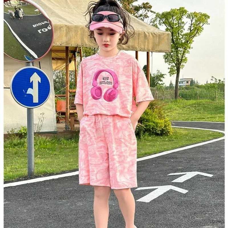 Clothing Sets Summer Teenage Clothes Set Children Girls Sweet Short Sleeve Tie Dye T-shirts and Shorts 2pcs Suit Kid Cute Top Bottom TracksuitY241225J