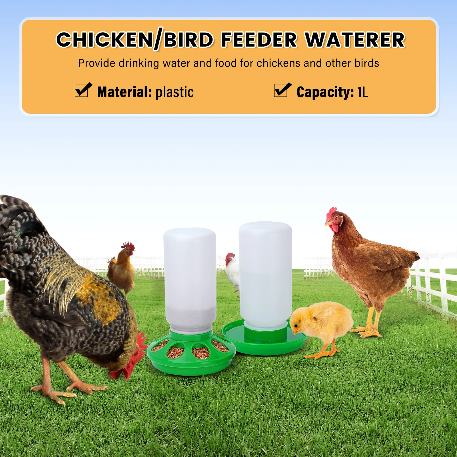 1L Chicken Feeder Bucket and Water Fountain Poultry Automatic Chick Drinker Bucket Drinking Quail drinking Bird equipment 2Pcs