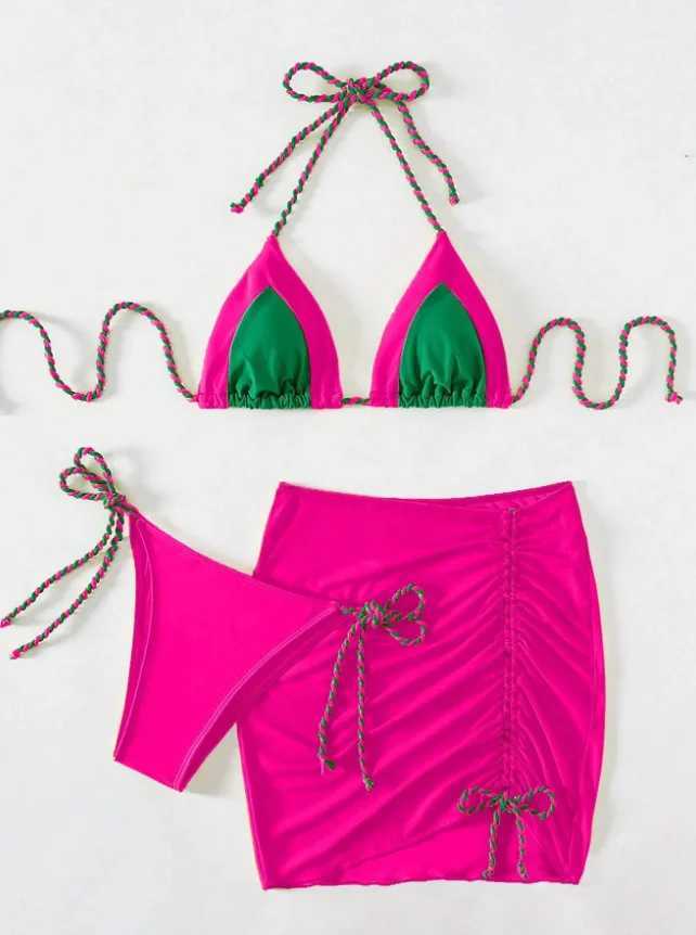 New 3-piece swimsuit womens thong swimsuit sexy striped bikini with sarong drag skiing beach swimsuit yellow greenW241225