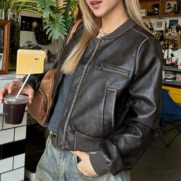 American Vintage Short Motorcycle Leather Jacket Women Clothing Autumn Retro Streetwear Loose Casual Brown Coat Tops 241223