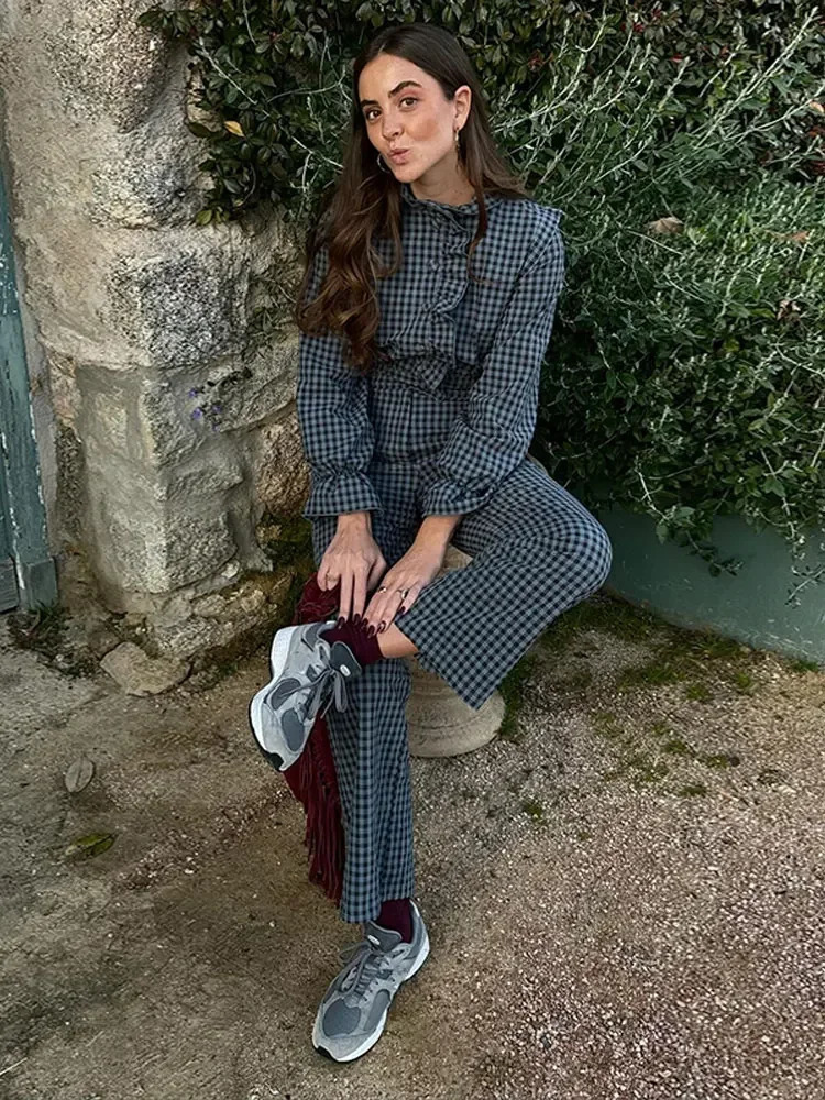 Women Vintage Plaid Ruffle Hem Button Jumpsuits Single Breasted Long Sleeve High Waist Jumpsuit Spring Lady Commuting Streetwear 241225