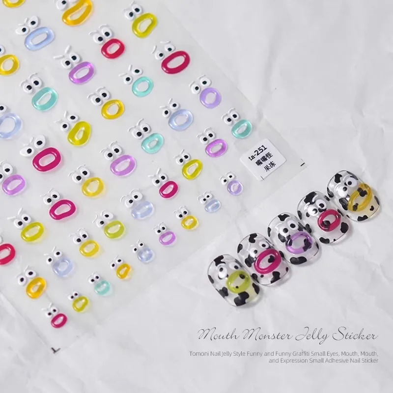 1pc Kawaii False Nails Stickers Full Cover Mouth Monster Press On Nail Art Sticker Ins Style Waterproof Peelable Nail Stickers 241225