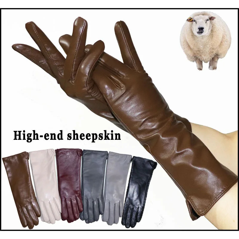 Leather Gloves Womens Sheepskin Mid-length Plus Velvet Thickened Winter Warmth Color Touch screen 2024 style 241225