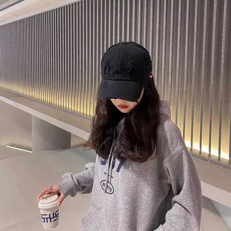New Distressed Held Womens Baseball Hat Solid Color Pure Cotton Snap Cap Hip Hop Korean Punk Cotton Peaked Hat W241225
