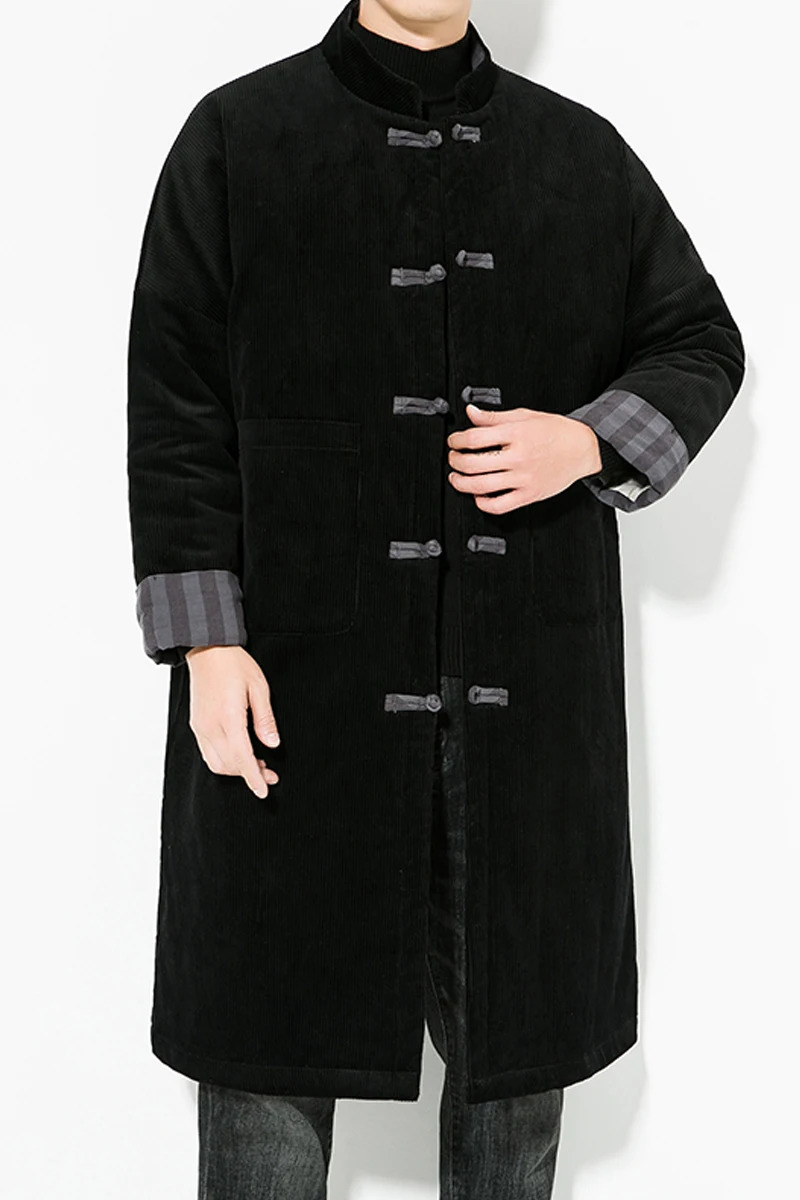2023 Autumn Winter Men Retro Kung Fu Long Parkas Mens Corduroy Cotton Padded Jacket Windbreaker Male Warm Vintage Trench Coat 241225