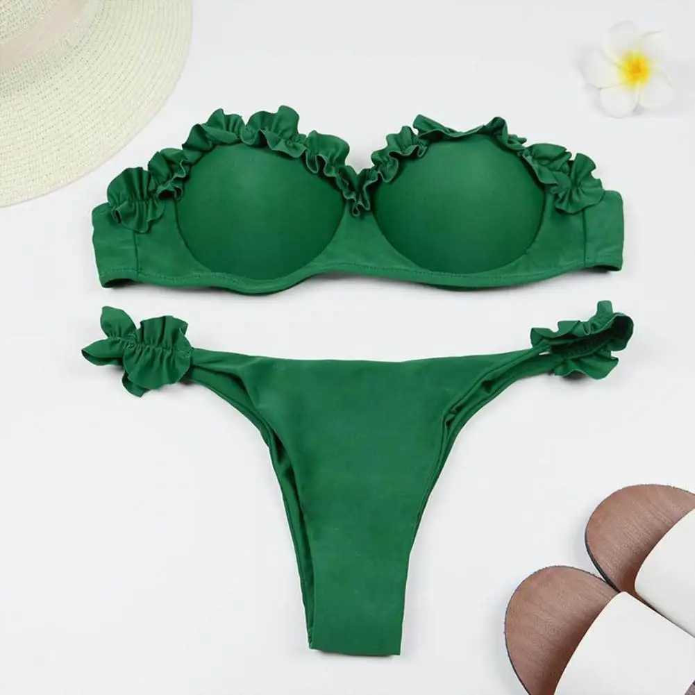 Two piece split swimsuit design with fashionable ruffled trim Bandeau bikini set suitable for women featuring a mid rise split top push up swimsuitW24