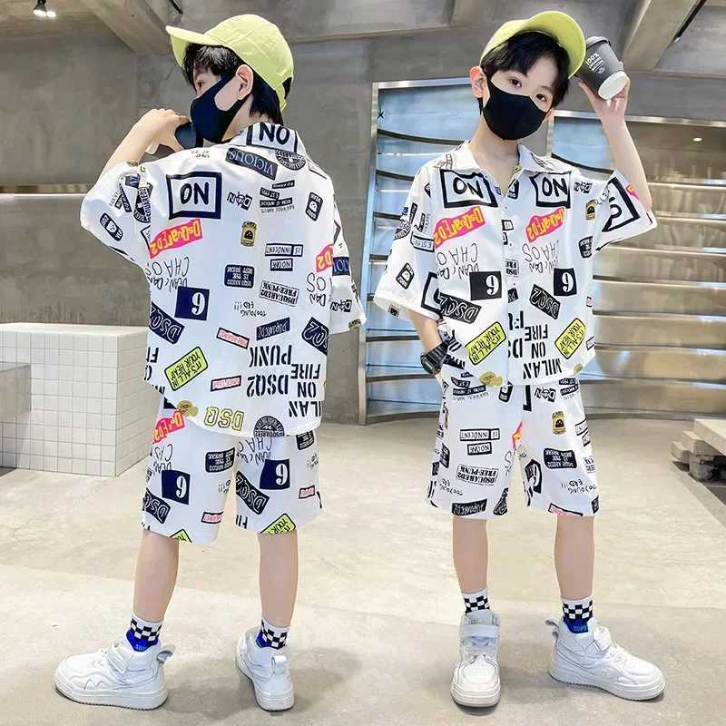 Clothing Sets Summer Teenage Boy Clothes Set Children Fashion Single Breasted Short Sleeve Shirt Top and Shorts Bottom 2pcs Suit Beach WearY2412253OMQ
