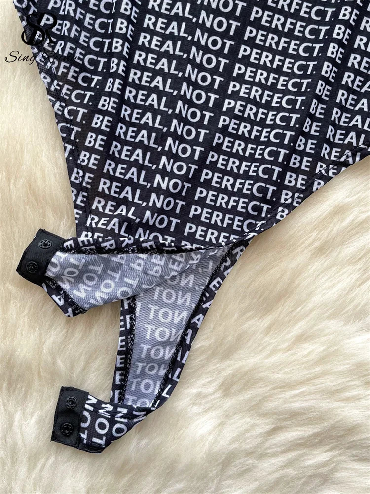 SINGREINY Sexy Ladies Bodysuits Long Sleeves Transparent Letter Print Chic American Fashion Slim sweet Mesh Playsuits 241225