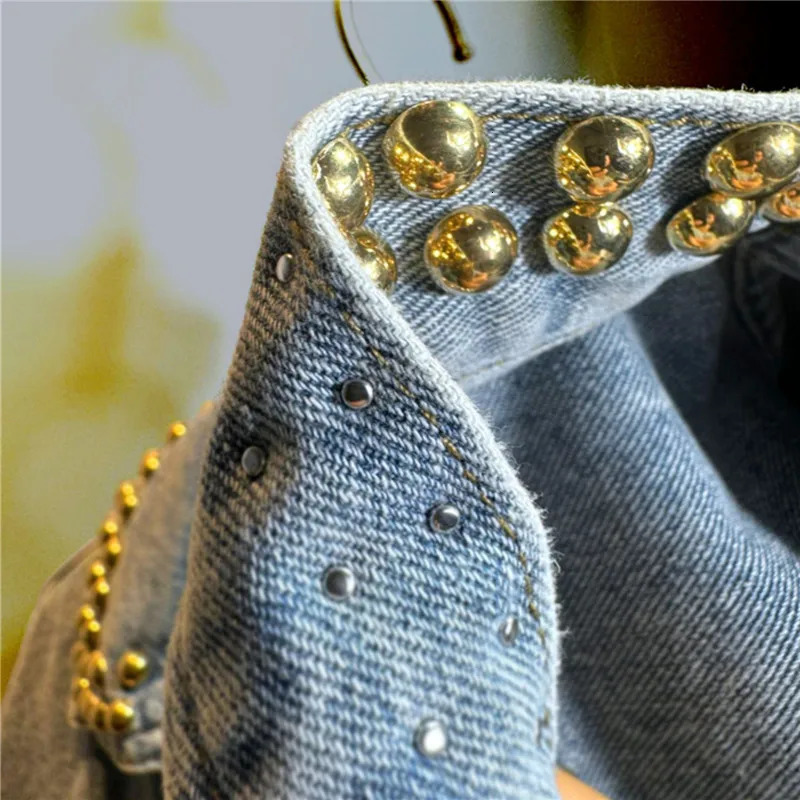 Spring Women Heavy Work Rivet Blue Short Denim Cardigan Jacket Loose Big Pocket Lapel Long Sleeve Female Jeans Jacket Coat 241223