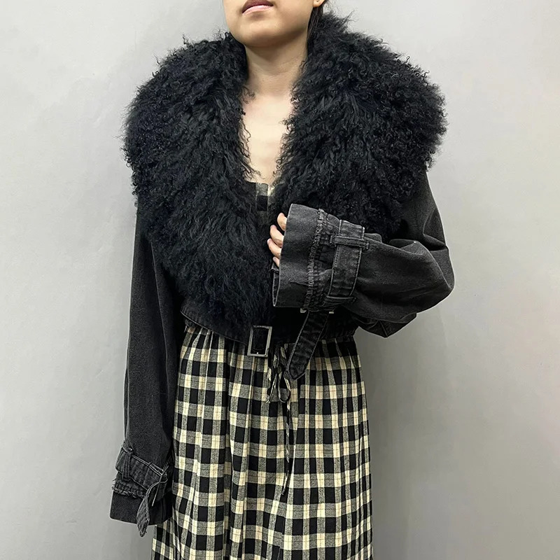 Arrivals Fluffly Real Mongolian Fur Denim Jacket Women Big Collar Natural Fur Coat Lady Fashion Denim Coat 241220