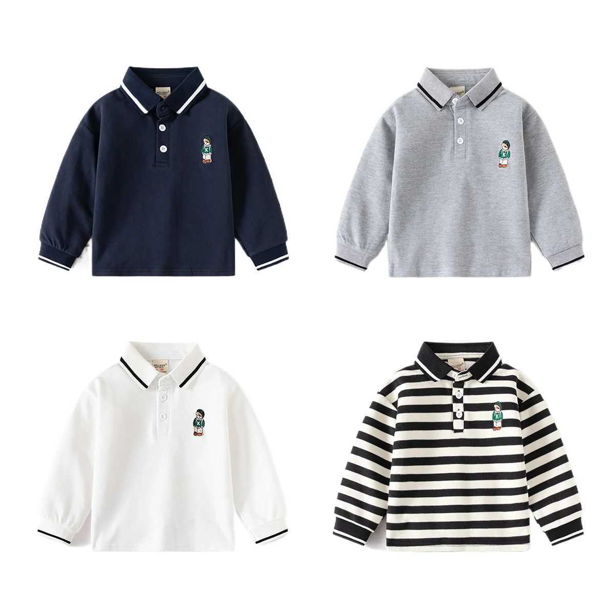Spring Autumn Boys Long Sleeve Casual Cotton Embroidered T-shirt Kids Slish Outdoor Striped Polo Shirt Top Ages 3-8XJ241225
