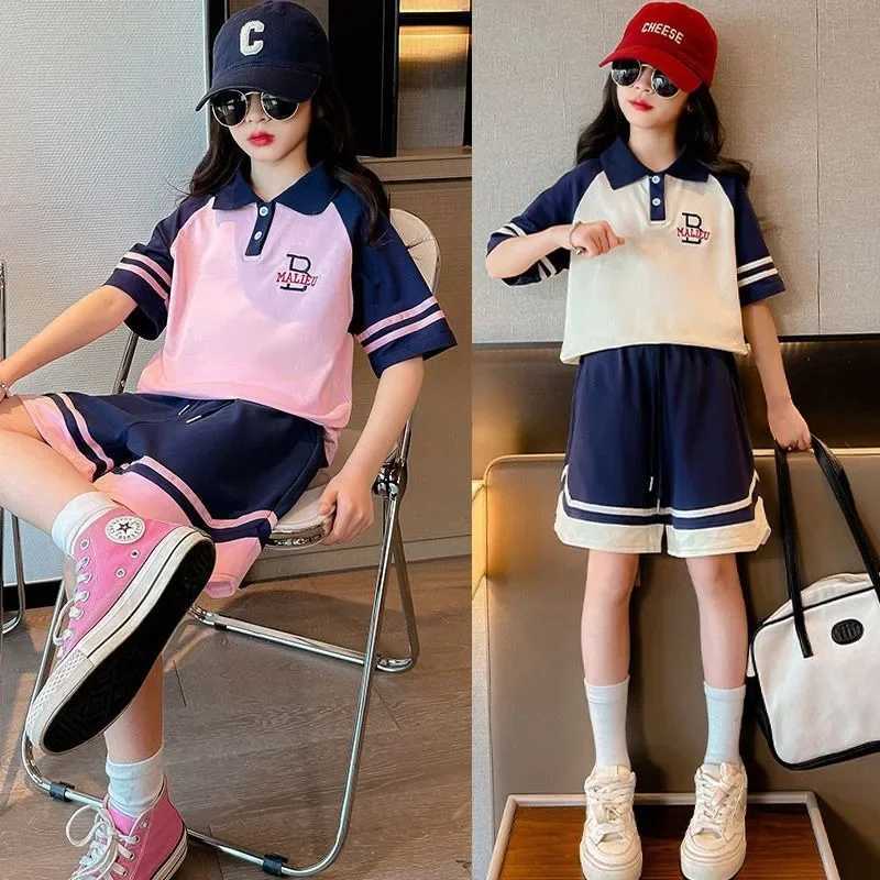 Clothing Sets Summer Teenage Girls Clothes Set Children Girl Lapel Letter Tshirts and Shorts 2pc Suit Kid Striped Top Bottom Outfits TracksuitY241225A